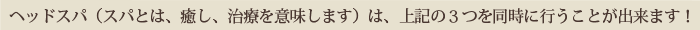 ヘッドスパ（スパとは、癒し、治療を意味します）は、上記の３つを同時に行うことが出来ます！