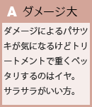 A　ダメージ大ダメージによるパサツキが気になるけどトリートメントで重くペッタリするのはイヤ。サラサラがいい方。